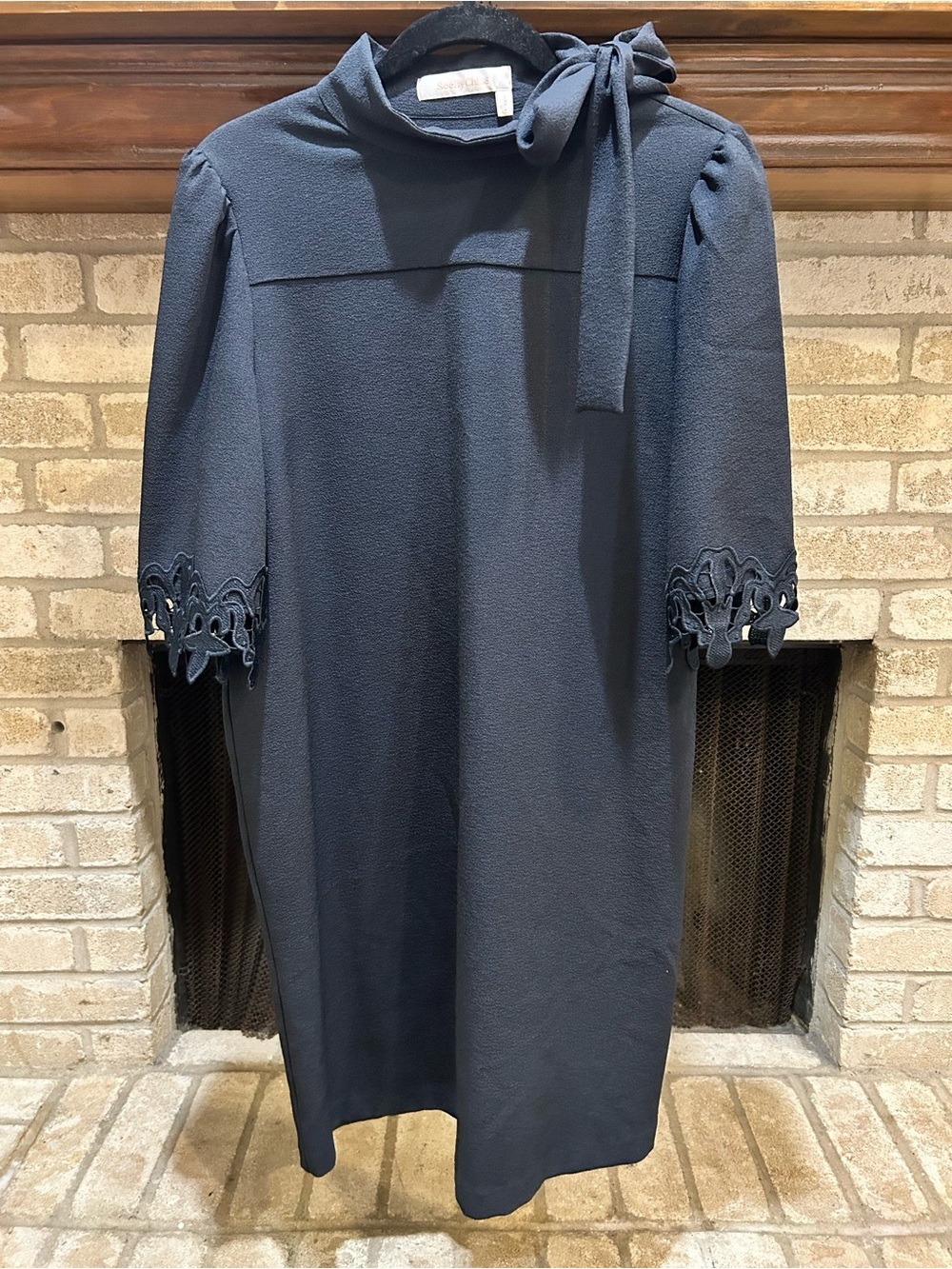 See By Chloe Navy Bow-Neck Midi Dress with Lace Sleeve Detail EUC